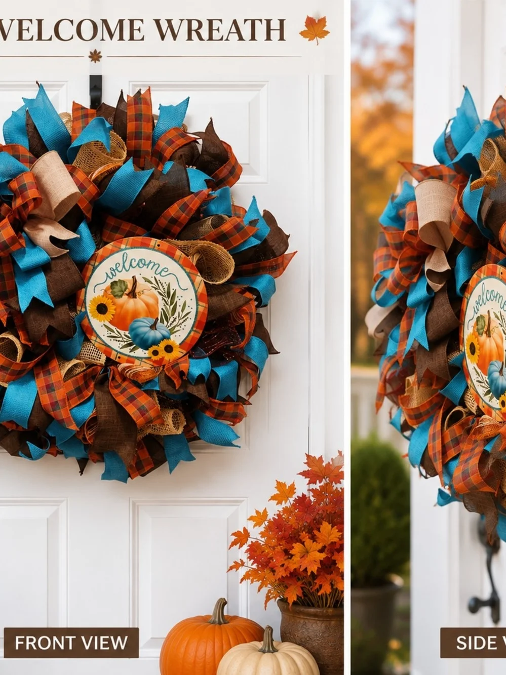 Welcome Fall Harvest Door Wreath - Turquoise & Orange
